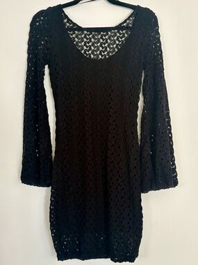 Free People Black Crochet Lace Bodycon Mini Dress Scoop Back Bell Sleeve S